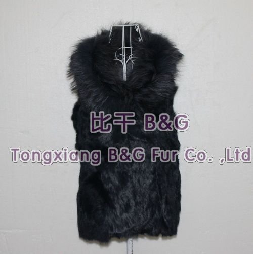 BG1702-3 Newest 2012 Black Genuine Rabbit Fur Waistcoat with Fox Collar Winter Ladies Warm Vest OEM Wholesale/Retail