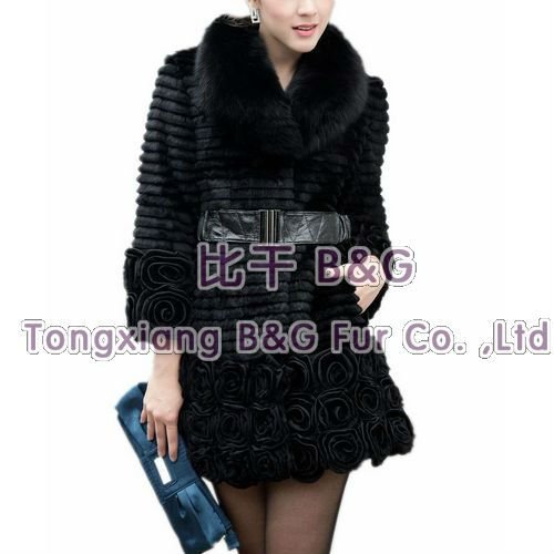 BG21757 Black 2012  Genuine Rabbit Fur Coats With Fox Fur Collar And Flowers Winter Ladies Elegant Outwear OEM Wholesale Retail