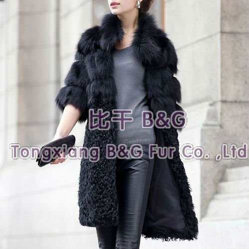 BG22111 Black Color Genuine Lamb Fur Clothing With Fox Collar Winter Ladies Long Garment New Arrival OEM Wholesale Retail