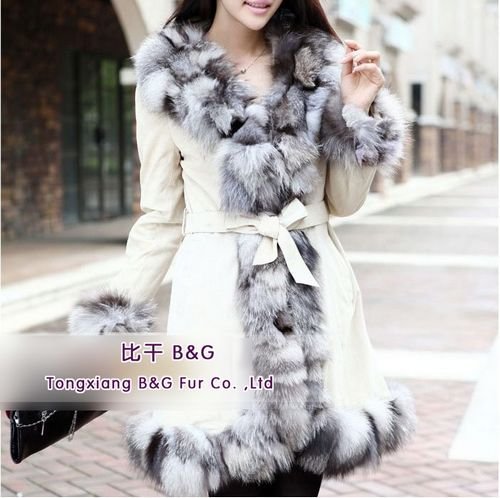 BG5838 2012 4 Colors Genuine Pig Leather Coat with Fox Fur Collar Winter Woman Warm Clothing S,M,L,XL OEM Wholesale Retail