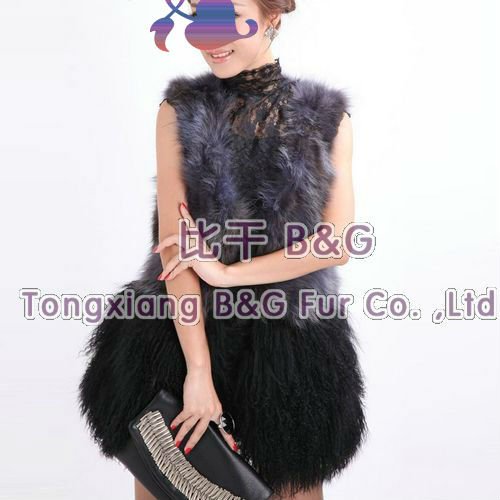 BG5919 Colorful Genuine Raccoon Dog Fur Women's Vest with Mongolia Sheep Fur Trim Lady Elegant Gilet M,L,XL OEM Wholesale/Retail