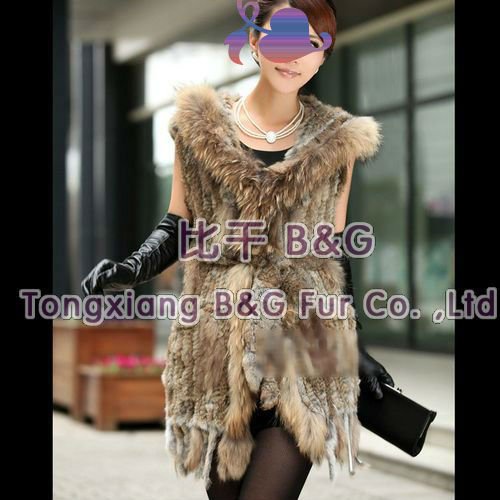 BG5932 Lady Fashion Genuine Hooded Rabbit Fur Vest/Waistcoat With Raccoon Dog Fur Tassels In Stock Wholesale/Retail /OEM