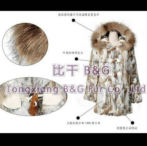 BG5947 Fashion 2013 Genuine Rabbit Fur Coat with Raccoon Dog Fur Collar Winter Warmer Clothes M,L,XL OEM Wholesale