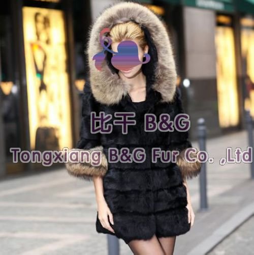 BG5953 Black 2012 Genuine Rabbit Fur Coat With Raccoon Dog Fur Hood Winter Elegant Clothes M,L,XL OEM Wholesale Retail