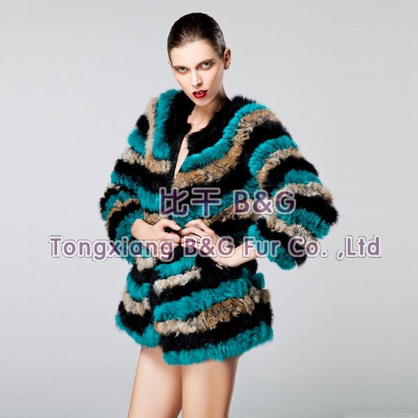 BG6399 Colorful Genuine Rabbit Fur Knitted Coat With Stripe Winter Womens Outwear OEM Wholesale/Retail