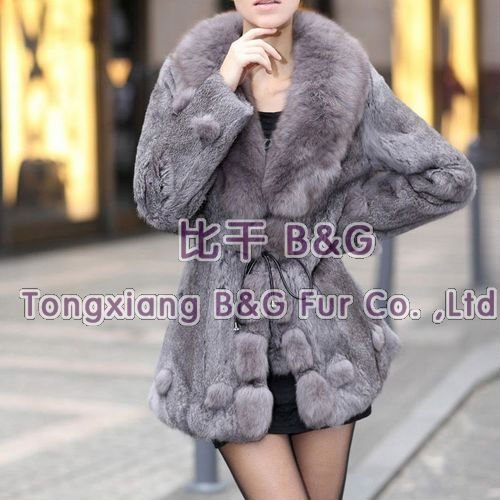 BG942 Hot Style 2012 Newest Genuine Rabbit Fur Clothes with Fox Fur Collar Winter Warm Coat M,L,XL OEM Wholesale Retail