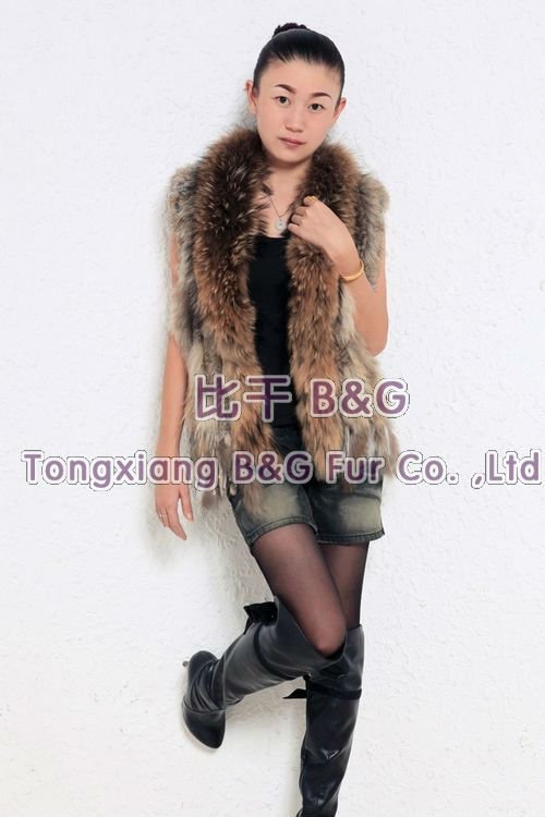 BGMJ001    5 Colors Genuine Rabbit Fur knitted Gilet with raccoon dog fur collar Winter Women's Fitted Vest OEM Wholesale/Retail