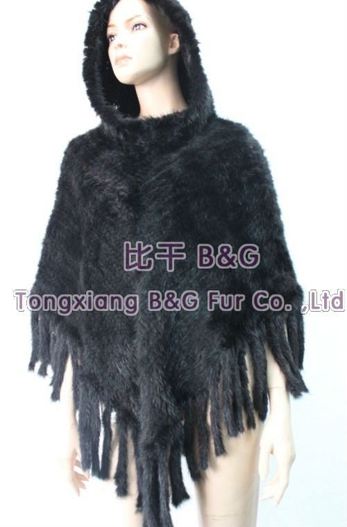 BGN004 2012 Newest Black Genuine Mink Fur Poncho WIth Hood And Tassels Winter Women's Casual Hoody OEM Wholesale