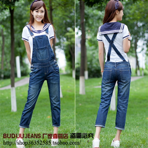 Bib pants female 2013 spring loose denim capris pants spaghetti strap ankle length trousers 6007