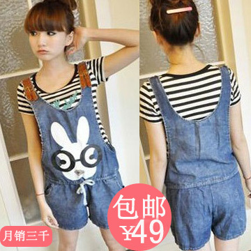 Bib pants female spring 2013 thin loose pants bib shorts rabbit