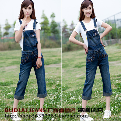 Bib pants roll up hem jeans jumpsuit 7 straight pants female trousers