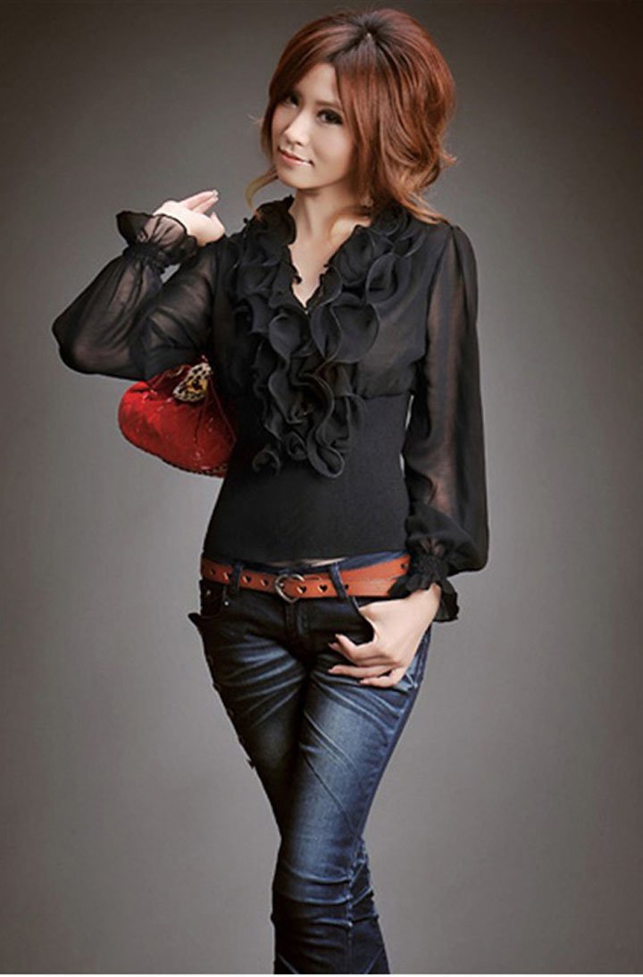 Big Discount Promotion Fashion Lady Long-sleeve Ruffle Blouse,factory price,women's blouse of apparel