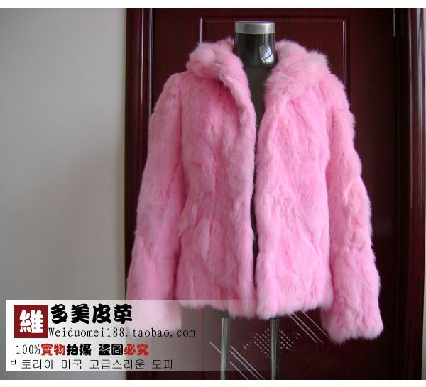 Big hat double faced wool Pink fur medium-long rabbit fur patchwork fur coat