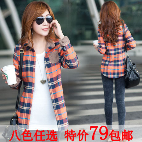 Big long-sleeve plus velvet thickening women's casual shirt autumn and winter fashion preppy style plaid shirt