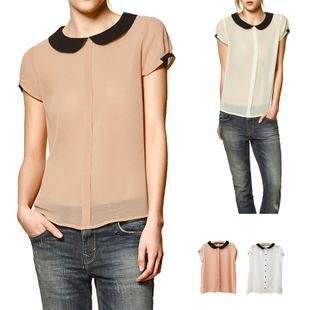 Big Promotion +Free shipping 2012New Euro Vintage Peter Pan Collar Chiffon ladies' Blouse Shirt women Pink/white