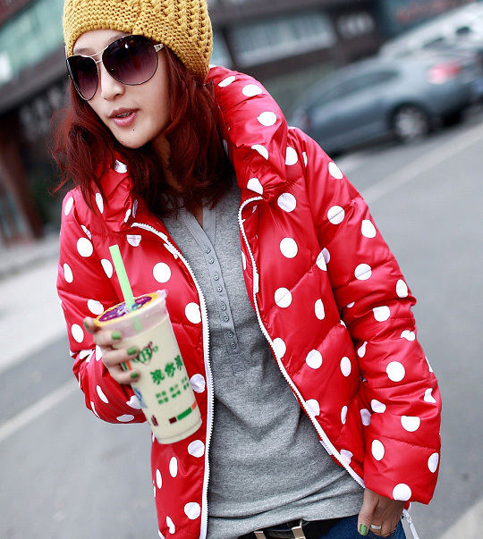 Big sale!! New Warm Winter Women's Down Jacket Polka Dot Puffy Coat Parka Red , Free Shipping Dropshipping Wholesale