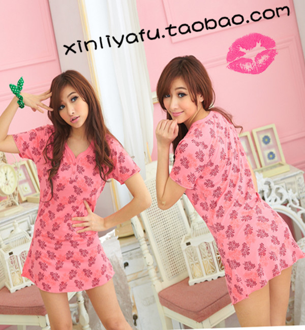 Big V-neck 100% cotton small miniskirt sexy nightgown sleepwear lounge