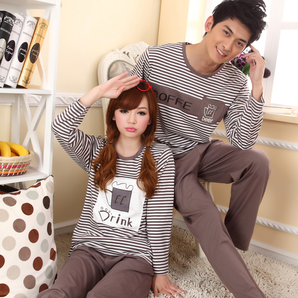 Bird spring and autumn stripe lovers sleepwear female cotton long-sleeve lounge male sleep set