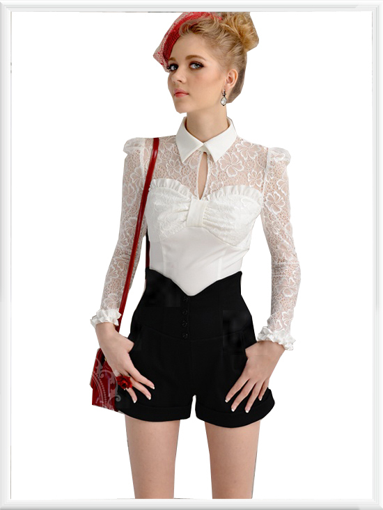 BL 2012 patchwork slim turn-down collar ruffle long-sleeve women's shirt free shipping promotion