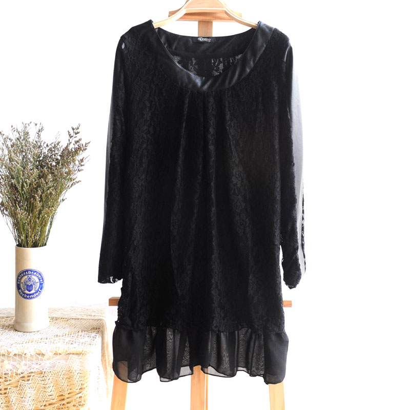 Bl12-158 ! plus size clothing mm spring lace water washed leather mosaic long-sleeve dress