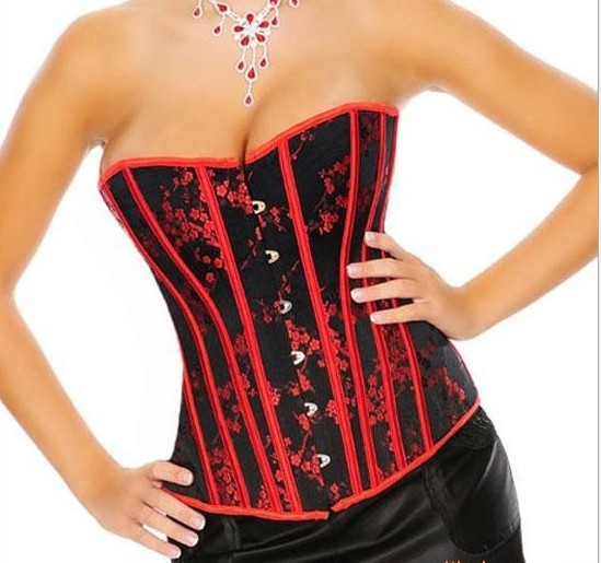 Black And Red Boned Overbust Corset Bustier Dress Top Vintage Plum Brocade S-2XL,WCS11