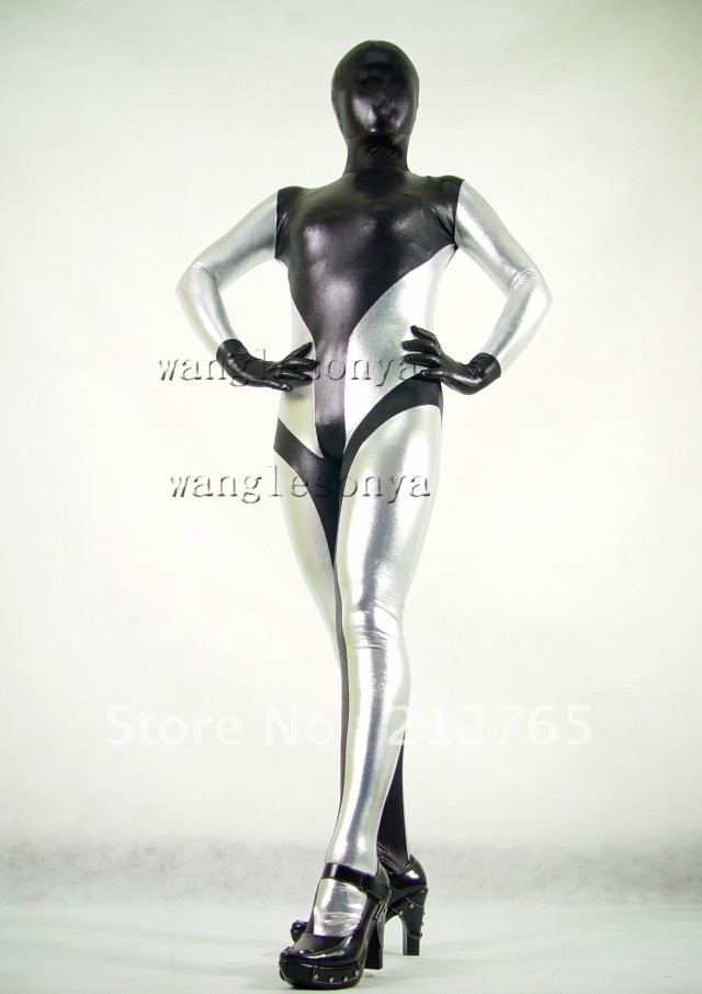 Black And Silver Colorful Decoration Glue Zentai Suits PS015