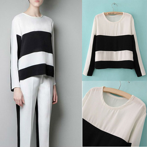 Black and white COLOR BLOCK stripes Splice CREW NECK T-SHIRT BLOUSE WF-3849