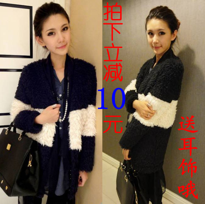 Black-and-white patchwork stripe thickening medium-long fur berber fleece wool outerwear fashion cotton-padded jacket