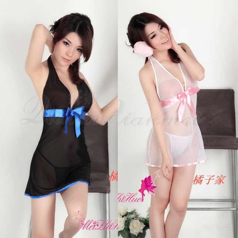 Black and white spaghetti strap nightgown summer women's sexy sleepwear gauze transparent lace temptation