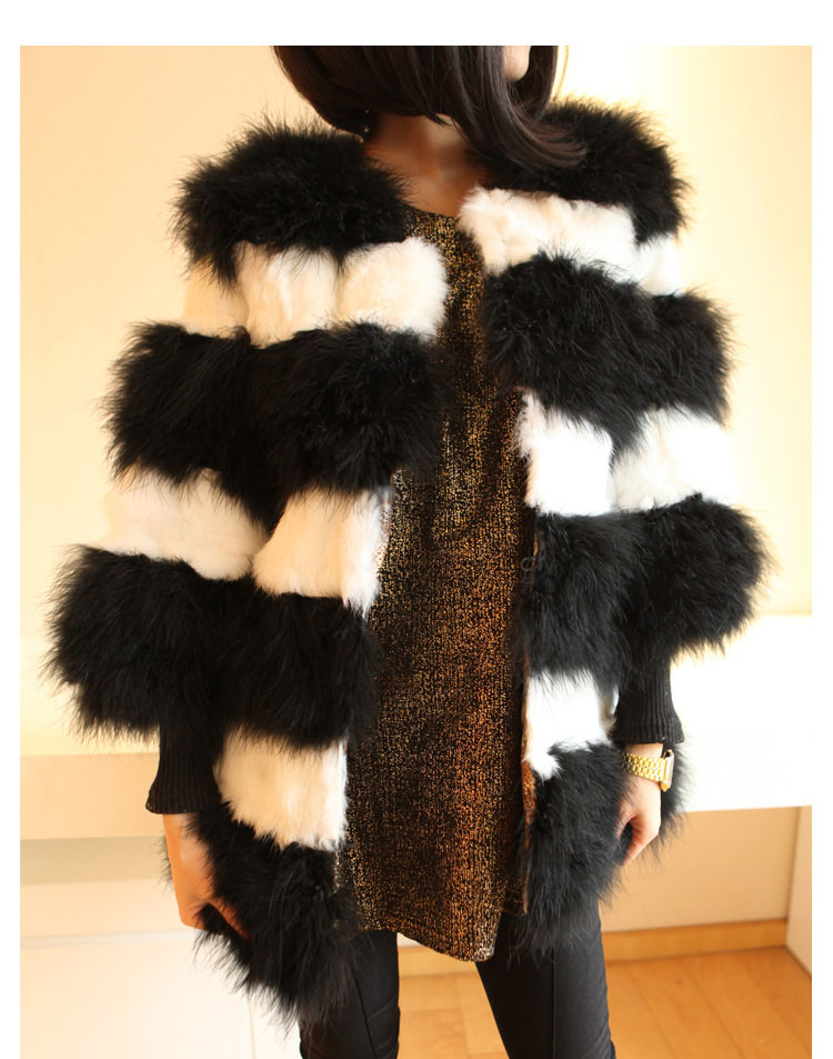 Black and white stripe fur plus cotton medium-long ostrich wool rabbit fur coat