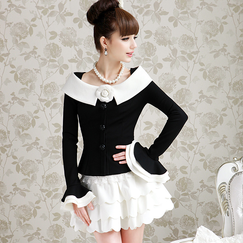 Black-and-white xiangpin elegant ruffle sleeve women's outerwear