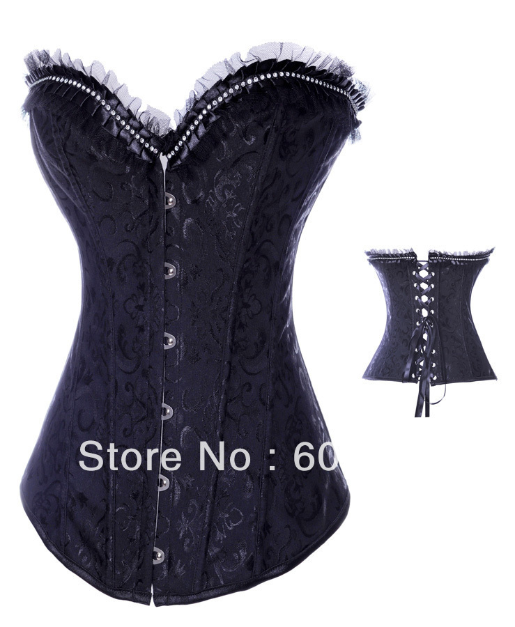 Black boned lace up corset bustier with lace trim and shiny stones bodyshaper dropship S-2XL