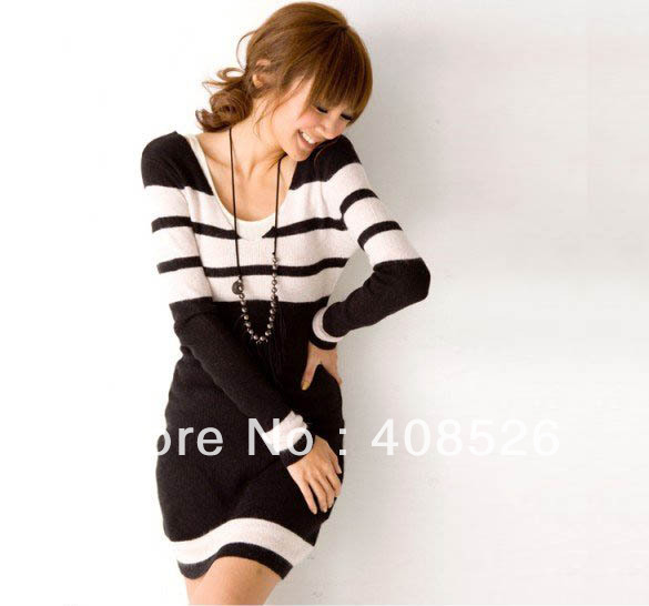 Black Casual Korea Women's V-neck Stripes splicing Sexy Long Sleeve Knitted Sweater Dress free shipping 8759