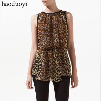 Black chiffon leopard print usuginu blouse sleeveless slim waist leopard print chiffon shirt 6 full size free shipping