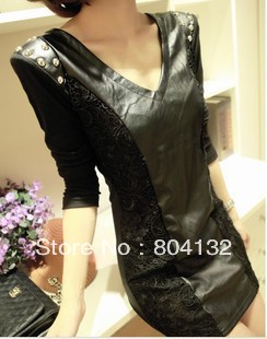 black colour sexy & club dresses skirt lace and artificial leather materials one-piece dress