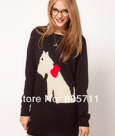 Black Contrast Color Long Sleeve White Dog Pattern Casual Sweaters Pullover Lady Knitwear  New Fashion Hot Sale