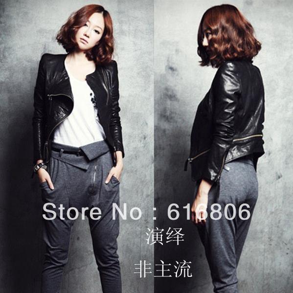 Black cool spring Autumn new leather jacket Korean version PU leather jacket paragraph Slim round neck clothes