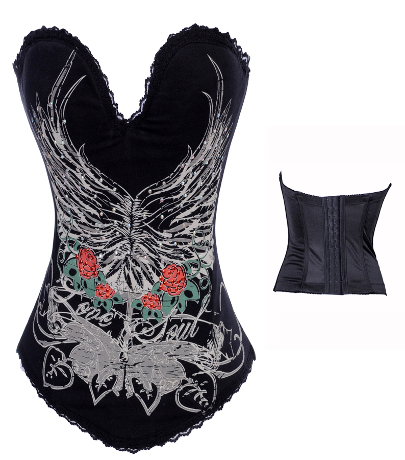 Black  cotton  with rose print and shiny stones  hook eye on back corset busiter S-2XL