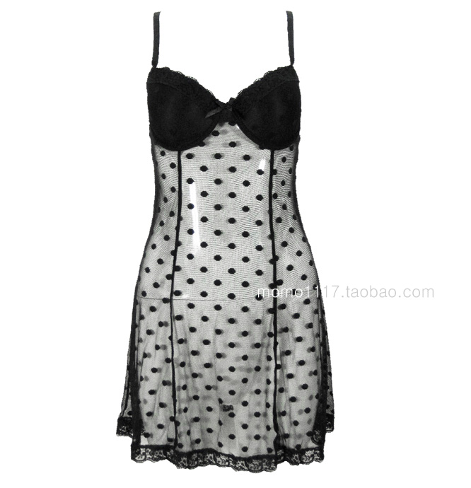 Black dot polka dot lace gauze cup sexy spaghetti strap nightgown home dress