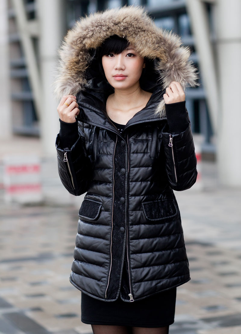 Black down ! lace inlaying princess black sheepskin medium-long down coat leather clothing