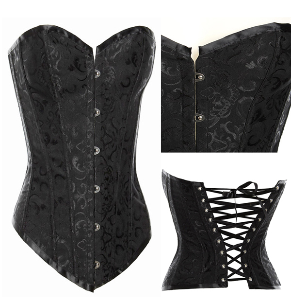 Black embroidered boned lace up corset bustier clubwear  bodyshaper+G-string  factory supplier S-2XL