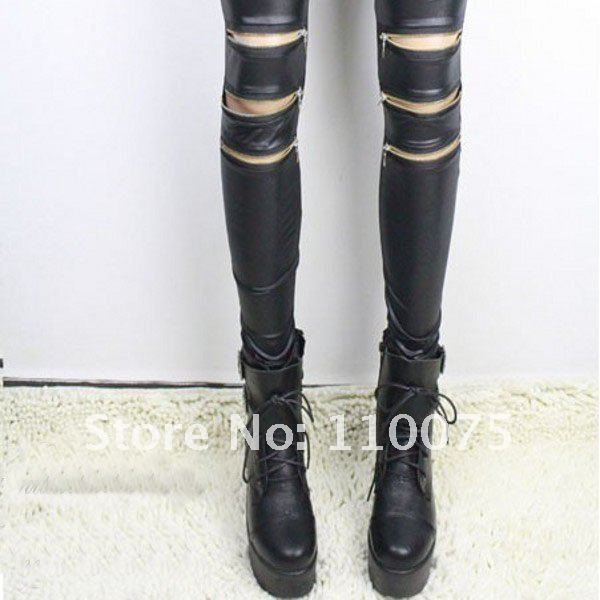 Black Fashion Funky Punk Zip-Front Shiny Wet Look Leather Detail Women Leggings Tights Pants  Leg Wear Outfit Skinny Trousers