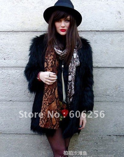 Black Faux Fur Jacket long sleeve warm Coat /fashion winer jacket