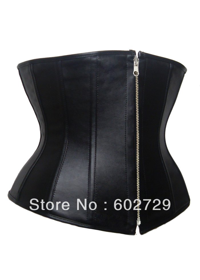 Black faux leather boned lace up with zipper front underbust corset bustier dropship S-2XL