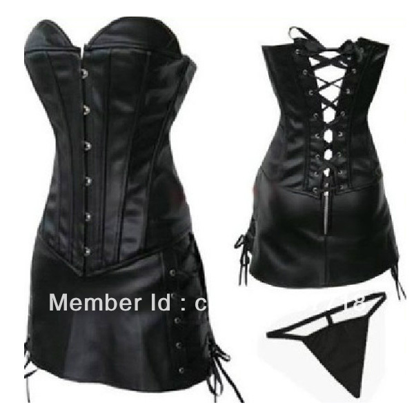 Black Faux Leather Corset Bustier Skirt Mini Dress G-string SEXY GOTH PUNK  S-2XL