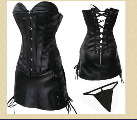 Black faux leather lace  up boned corset bustier +Mini skirt+G-string  clubwear factory supplier S-2XL