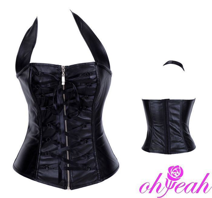 Black Faux Leather Neck Line Zip Front Sexy Bustier Lingeries New Arrival Sexy Black Leather Corsets A9189