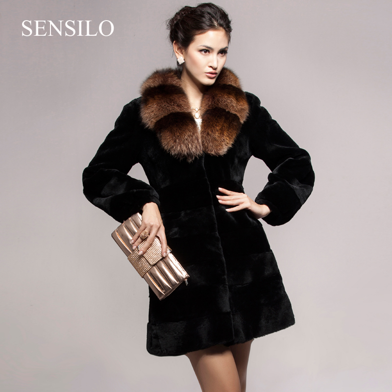 Black full leather rex rabbit fur coat raccoon fur neck long design very elegant warm outwear gracefull ladies winter fur coat