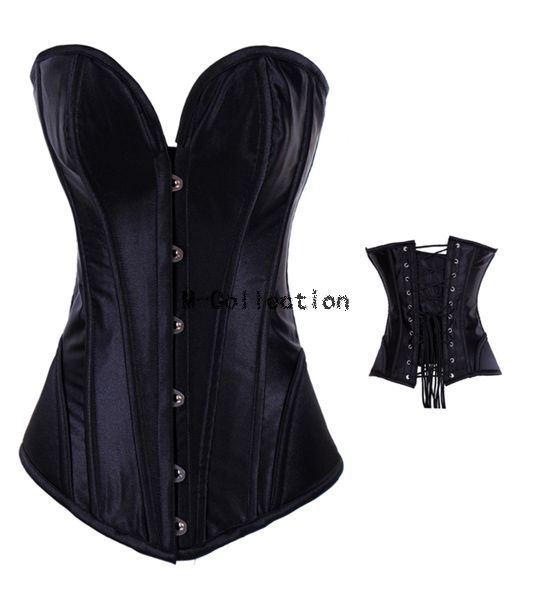 Black Full Steel Strap Boned Corset Bustier Top Lace up Overbust Shaper S-2XL