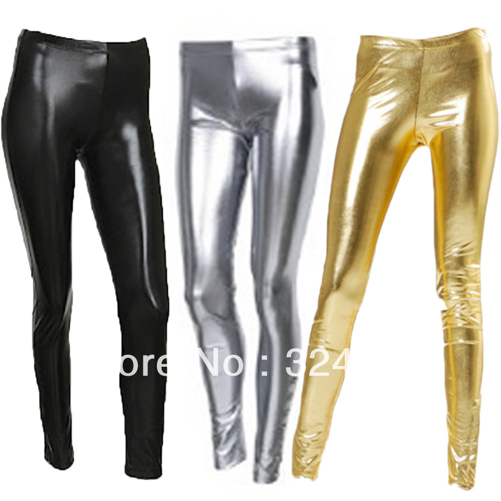 Black/Gold/Silver Footless Leather Tights Trouser Faux Shiny Wet Look Leggings 889#